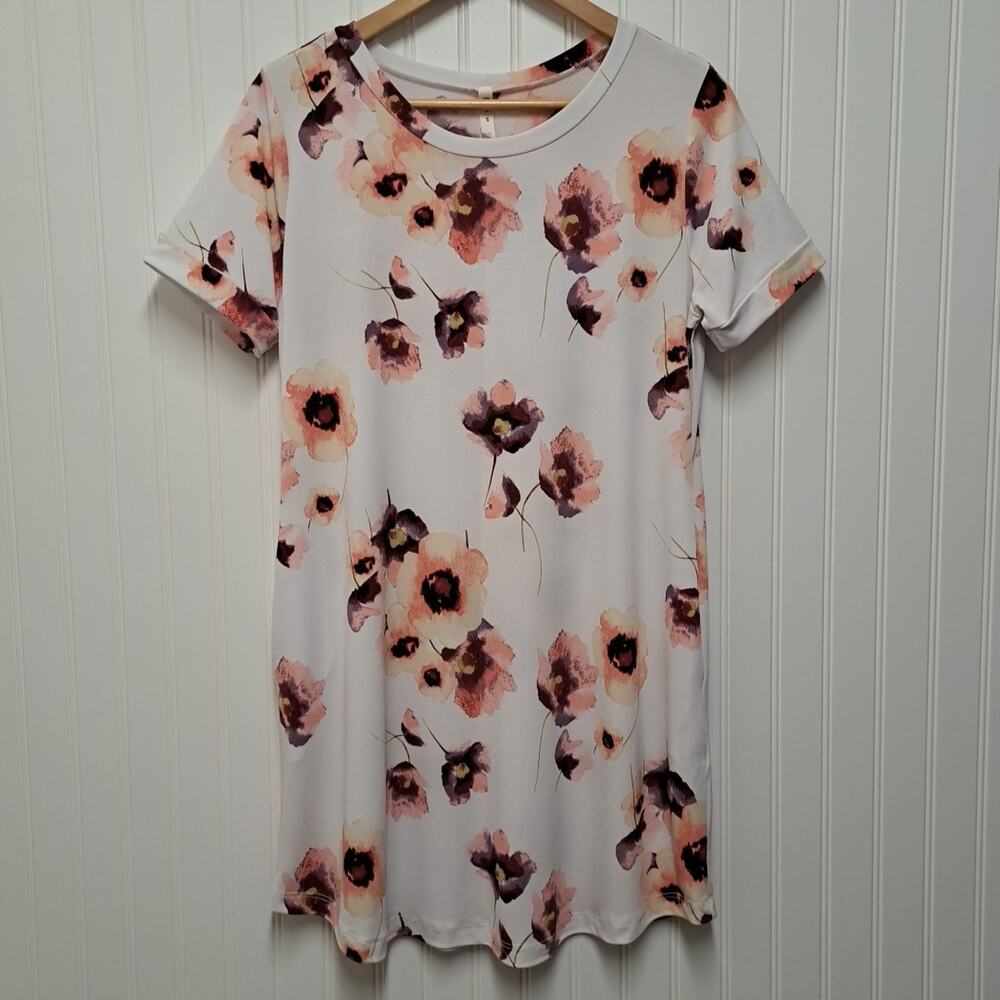 mts Short Sleeve Shift Mini Dress Womens L White Floral Jersey Stretch Pockets